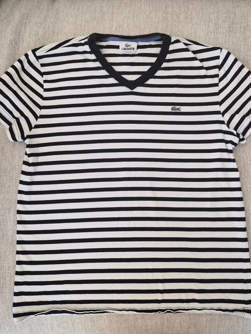 Lacoste Striped V-Neck Tee in White & Black